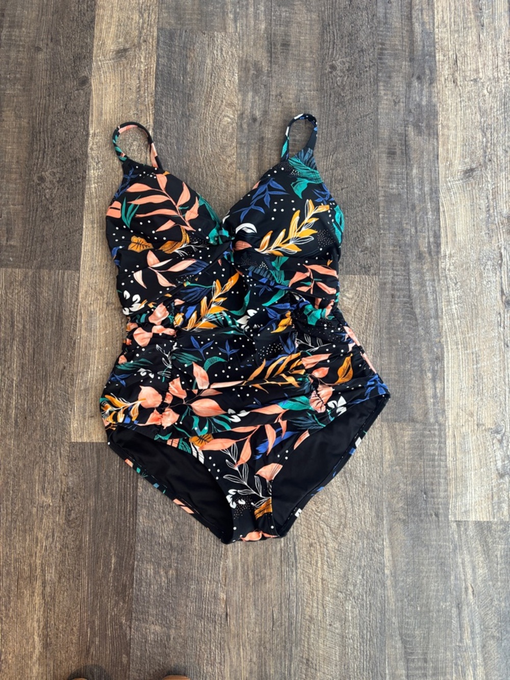 Maurices Black One-Piece Swimsuit with Multicolor Leaf Print